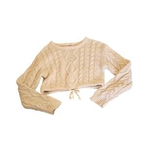 Double Zero Cream Cable Knit Cropped Sweater Tie Hem Long Sleeve Boho